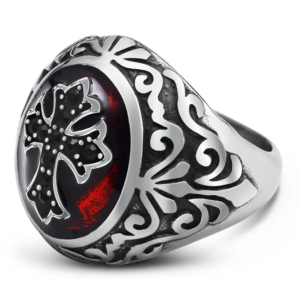 

Stainless steel glue dropping red domineering Crusader ring men's titanium steel ring