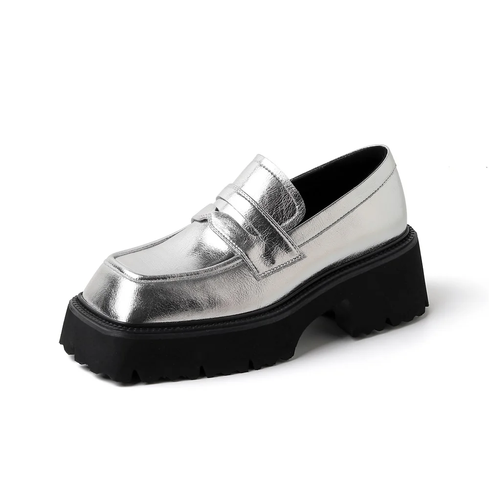Kanseet Women Platform Shoes Spring 2023 Square Toe Genuine Leather High Quality Causal Loafers Silver Thick Heels Lady Footwear