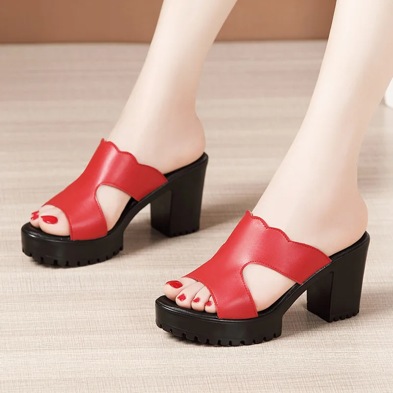 

Womens Shoes Square Heel Slippers Women Sandals Platform High Heels Slippers Comfortable Woman Peep toe Pumps Black Red 32-43