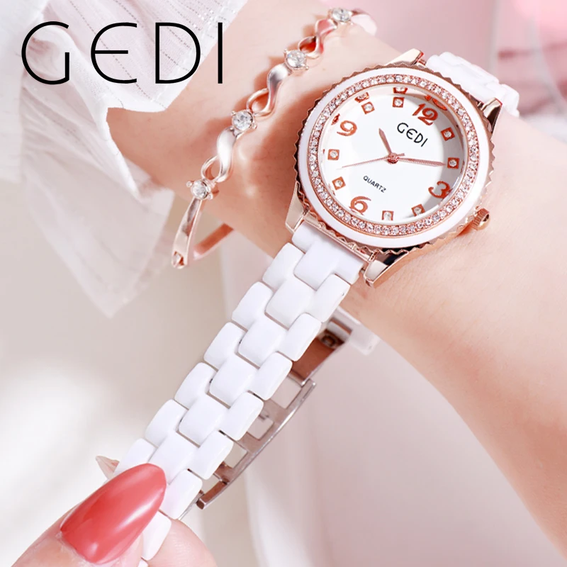 GEDI Luxury White Ceramic Women Watch Full Diamond Woman Fashion Watch 30m Waterproof Quartz Female Wristwatch Dropshipping 2023