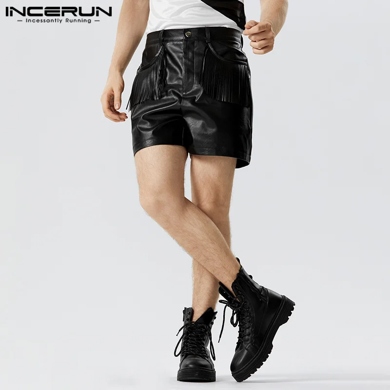 

2023 Men Shorts Solid Color PU Leather Tassel Button Casual Men Bottoms Summer Pockets Streetwear Fashion Shorts S-5XL INCERUN