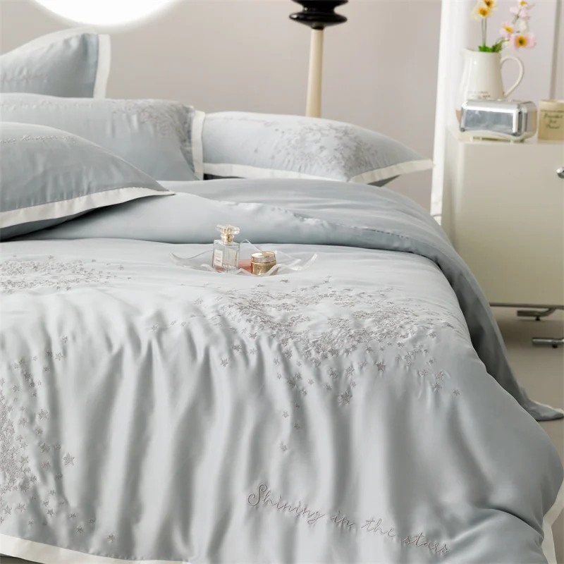 

Cool Luxury Blue Gray 100% Silk Bedding Set Beauty Sleep Gift Soft Queen King Duvet Cover Flat Sheet Fitted Sheet Pillowcase