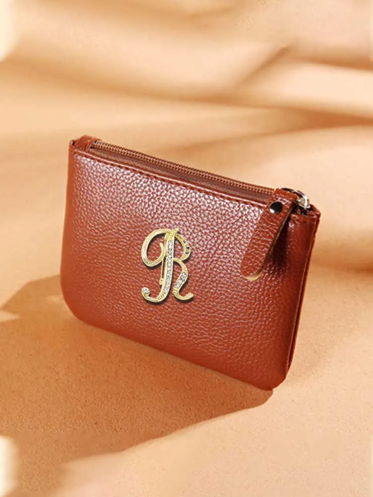 

Customized PU Key Wallets - Durable & Cute for Females Personalized Customer Name Lustrous Diamond Letter Decor in Gold Plate