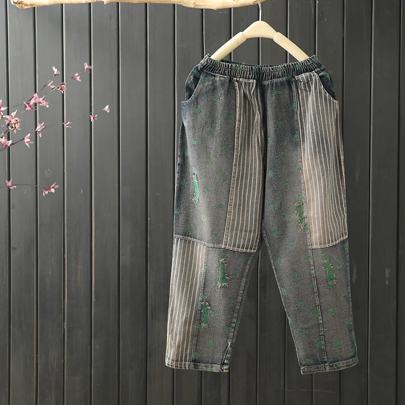 Хлопковые джинсы с перфорацией и эластичным поясом свободные брюки оверсайз в