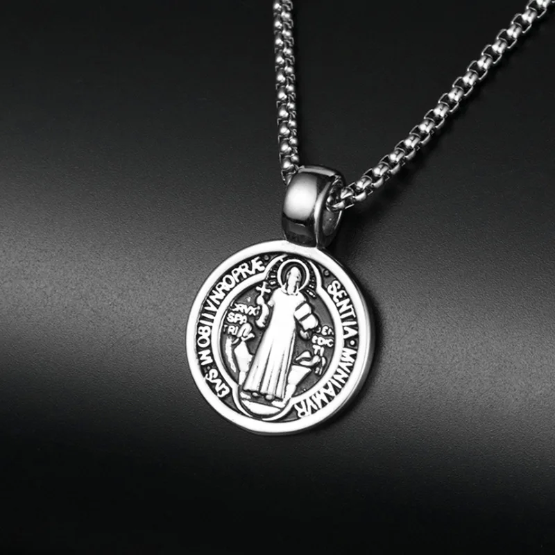 Vintage St. Benedikt Exorzismus Frauen Männer Halskette Runde Anhänger Edelstahl 24 Zoll Kette Katholischen Römischen Kreuz Dämon Halsketten – Detail 5