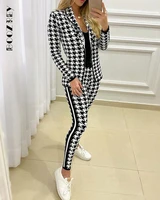 2022 two pecies white jacket trousers clothing suit women houndtooth print 2pcs clothes set new style
