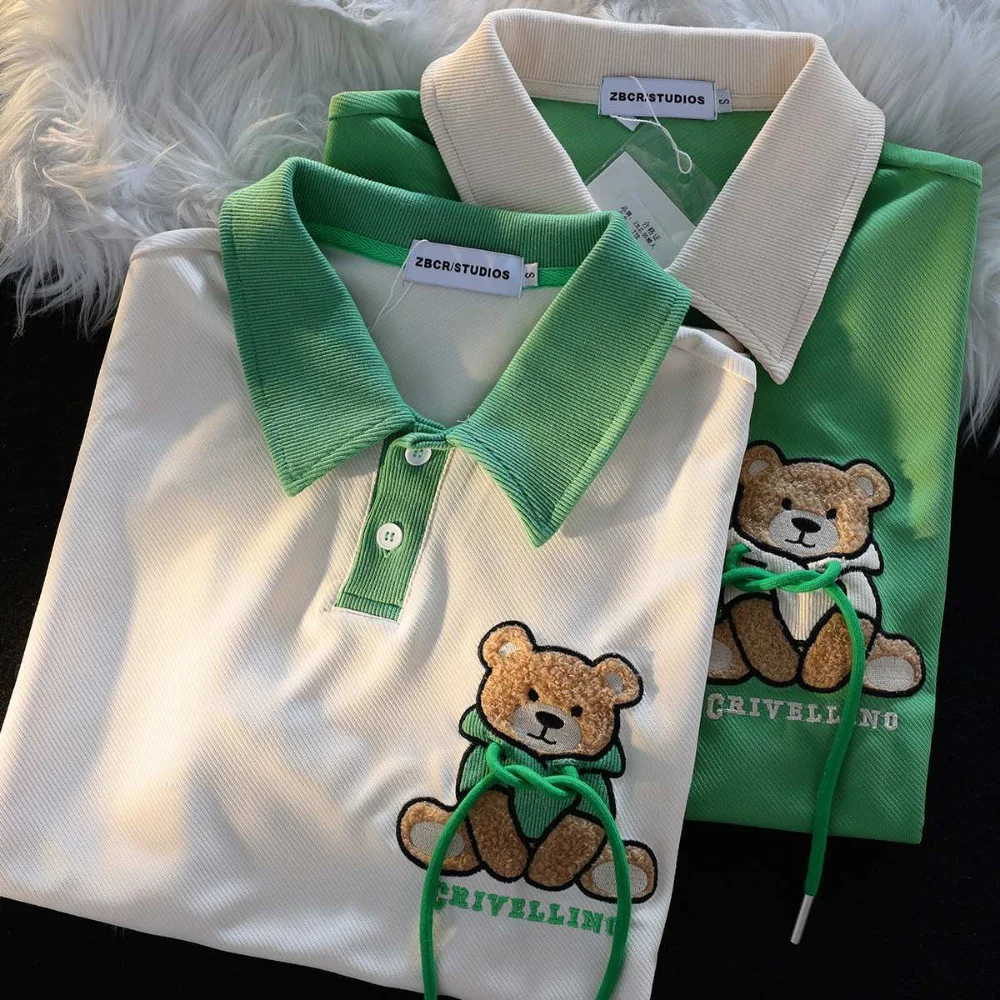 

American Y2K Bear Embroidery T Shirts Short Sleeve POLO Shirt Teenage Cartoon Kawaii Tops Loose Short Sleeve Summer Tee Hip Hop