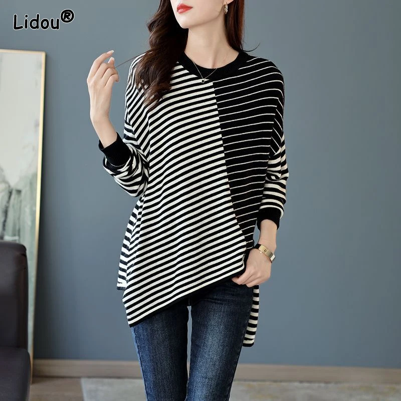 

2023 Spring and Autumn Fashion Western Round Neck Stripe Contrast Shoulder Sleeves Loose Leisure Oversized Design Hem T-shirt
