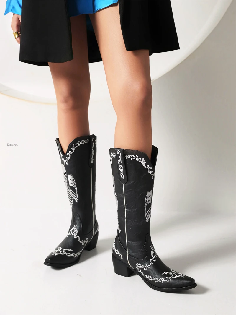 

New Retro Printing Platform Boots,Women Winter Fashion Punk Style Zebra Print Shaped Heel Knee Boots,Designer Shoes, embroidery