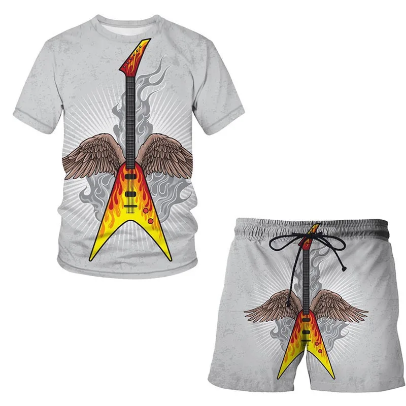 2023 Summer New Instrument Guitar 3D Printed Casual Men's Suit Short sleeve T-shirt + Sports Shorts 2-piece Sets O-Neck Loose