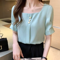 short sleeve summer 2022 chiffon women clothing new design korean fashion blue office lady tops square collar casual shirts