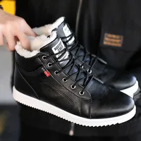 Мужские кожаные ботинки с высоким берцем, черные повседневные водонепроницаемые кроссовки из хлопка и плюша, теплая обувь для снега, зима ...