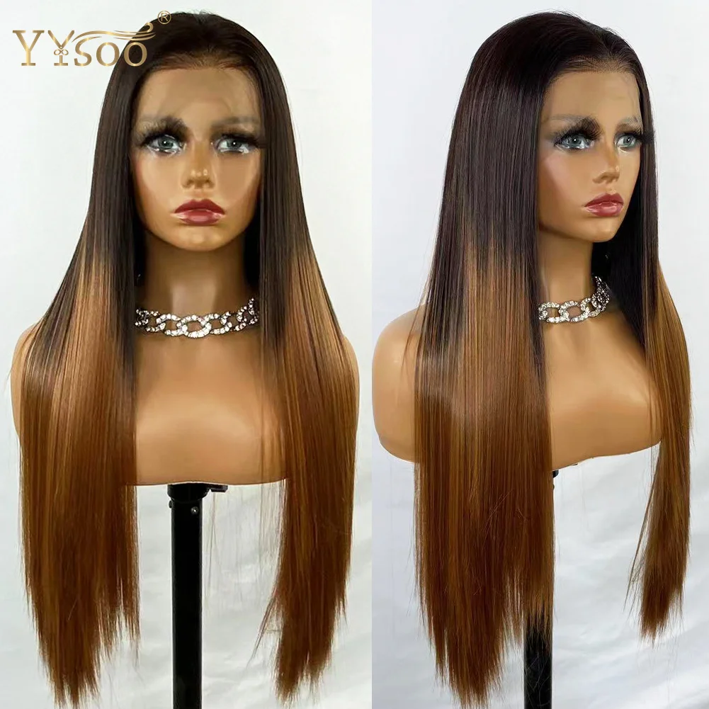 YYsoo Long 1BT27 Ombre 13x4 Glueless Synthetic Lace Front Wigs for Women Dark Root Silky Straight Futura Hair Heat Resistant Wig