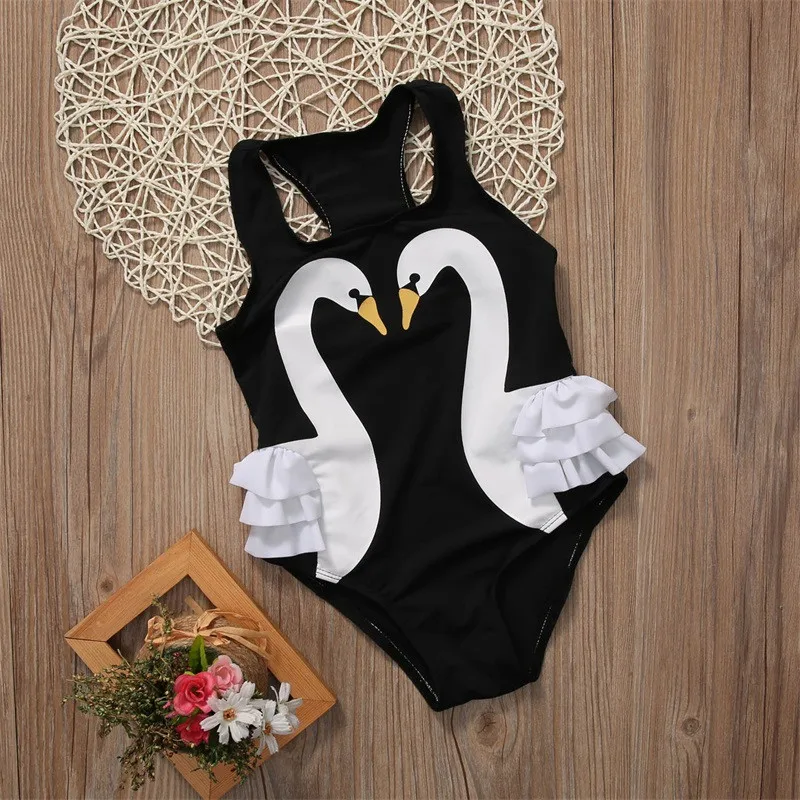 

2-7T Summer Children Kids Swimwear Girls 3D Swan Print Swimsuit Flower Halter Beach Pool Swimwear Bathing Suit