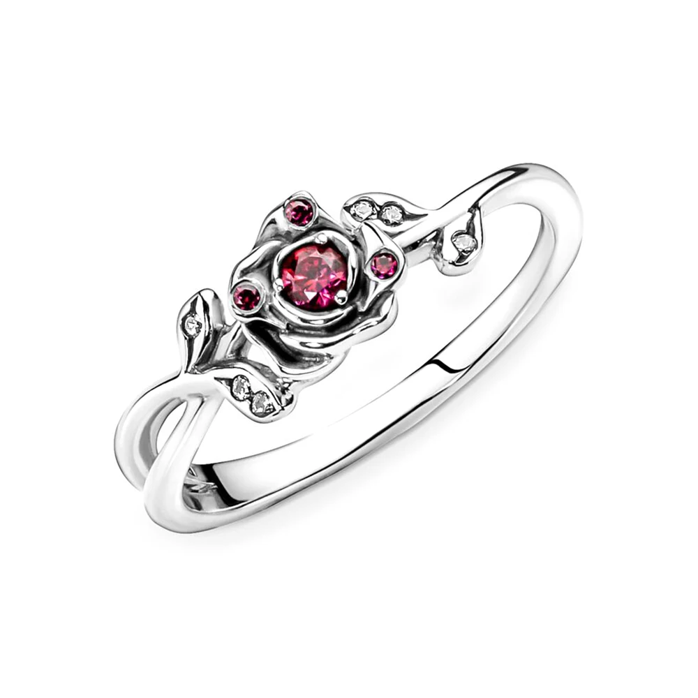 Bague fleur Pandora rouge grenade, bijoux romantiques doux, argent 925, thème beauté et la bête, vintage, pierre précieuse incrustée, rose