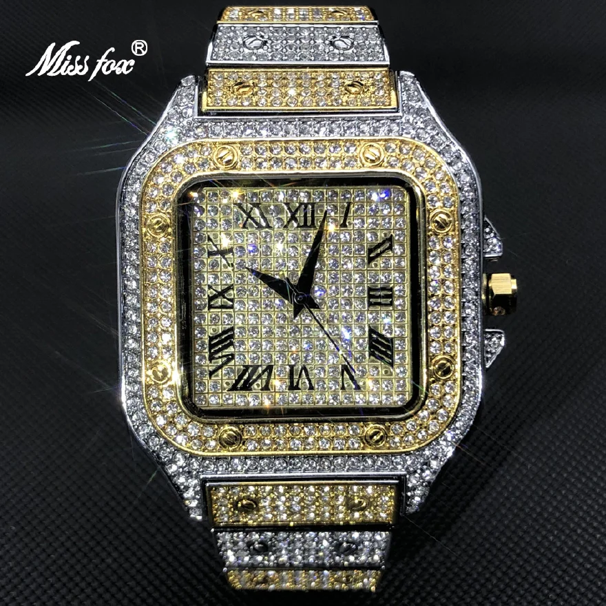 

MISSFOX White Gold Men Watches Top Brand Luxury Full Diamond Square Quartz Male Watch Hip Hop Ice Out Waterproof Clock Gift 2021