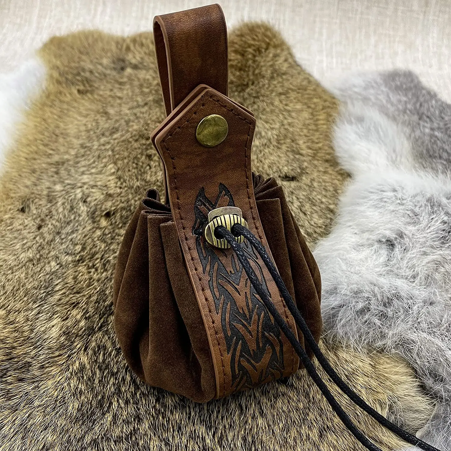 Medieval Faux Leather Drawstring Pouch, Retro Nordic Portable Coin Purse, Vintage Belt Pouch Dice Bag For Men Women Cartera
