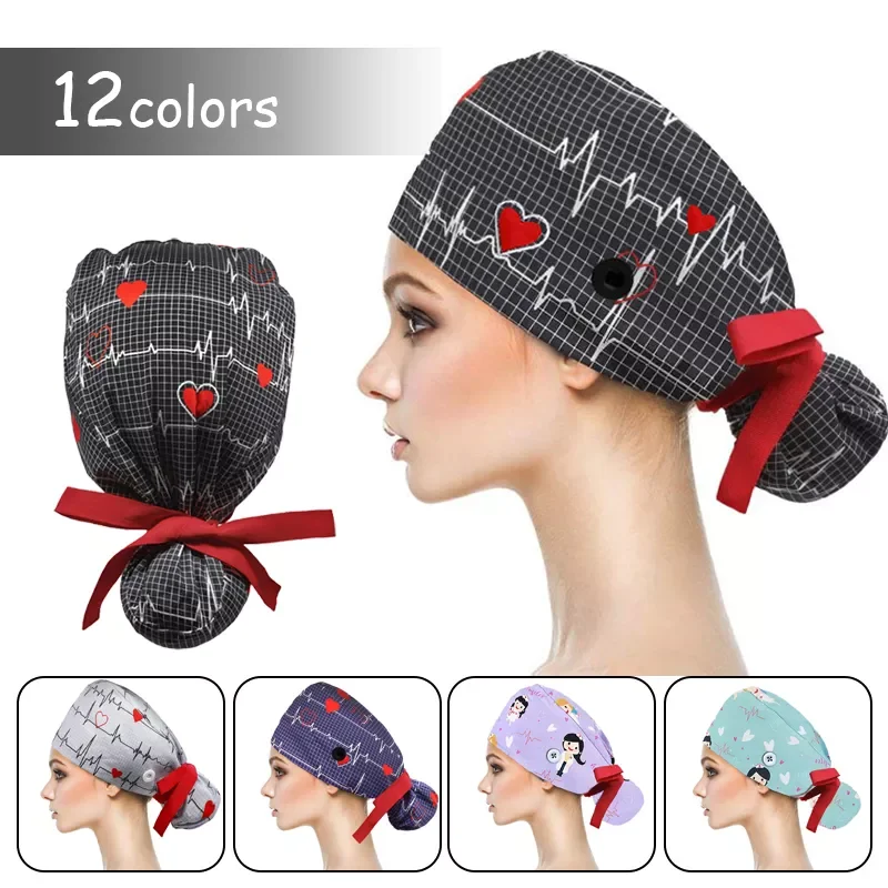 

Pet Shop Scrub Cap With Buttons Bouffant Hat With Sweatband Beauty Work Cap Nursing Cap For Women Long Hair Nurse Hat