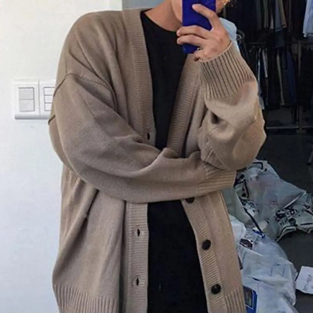 

V-neck Long Winter Male Knitwear Coat Men Sweater Cardigan Color Solid Buttons Placket Knitted Autumn Thickened Clothing Sleeves