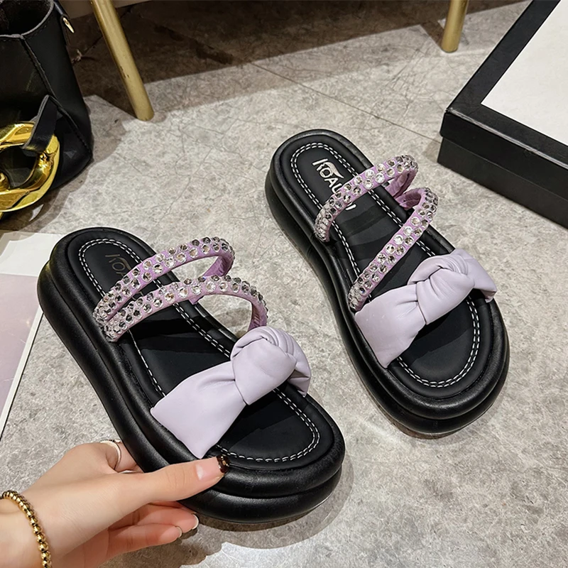 

Шлепанцы женские со стразами, дизайнерские сандалии на плоской подошве, пляжные шлепанцы, сланцы, лето 2023