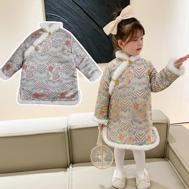 

Chinese Traditional Hanfu For Girls Kids Tang Suit New Year Outfit Thick Jacket Dress Scarf Princess Cotton Long Sleeve Pink