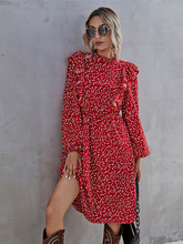 Vestido largo rojo con volantes y estampado de lunares para mujer...