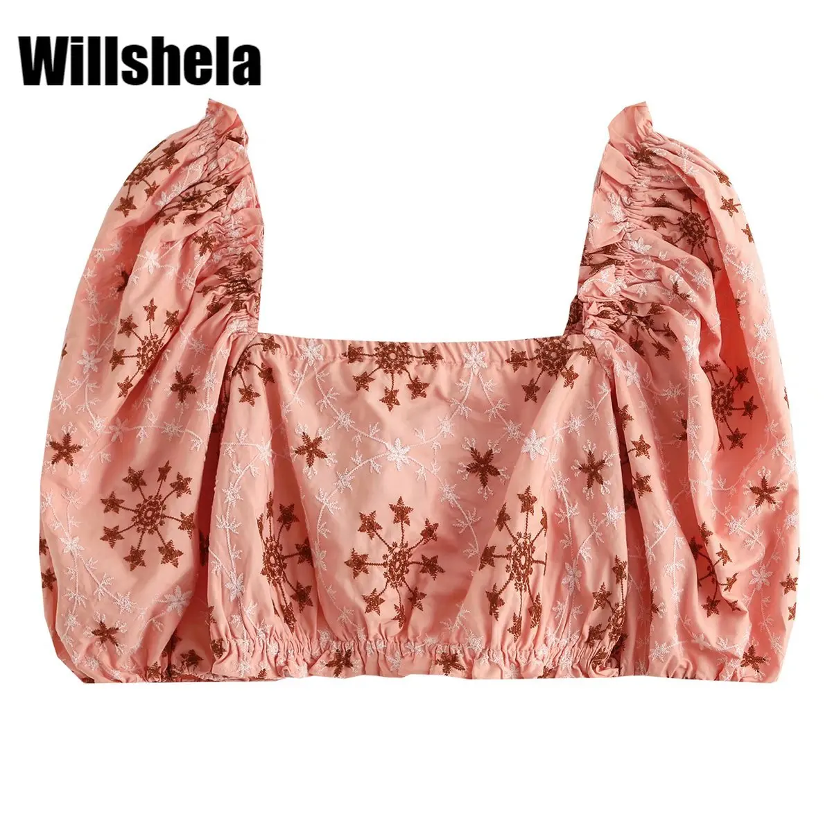 

Willshela Women Fashion Embroidery Cropped Tops Vintage Square Collar Short Puff Sleeves Female Tees