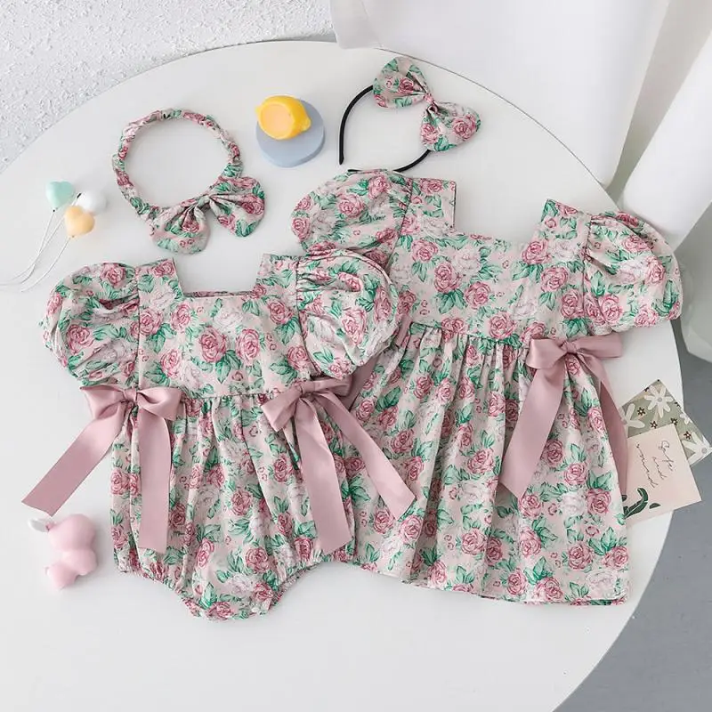 

2023 Floral Summer Dress for Baby Girls Kids Puff Sleeve Princess Printed Dresses Children Twin Sister Matching Outdoor Clothes