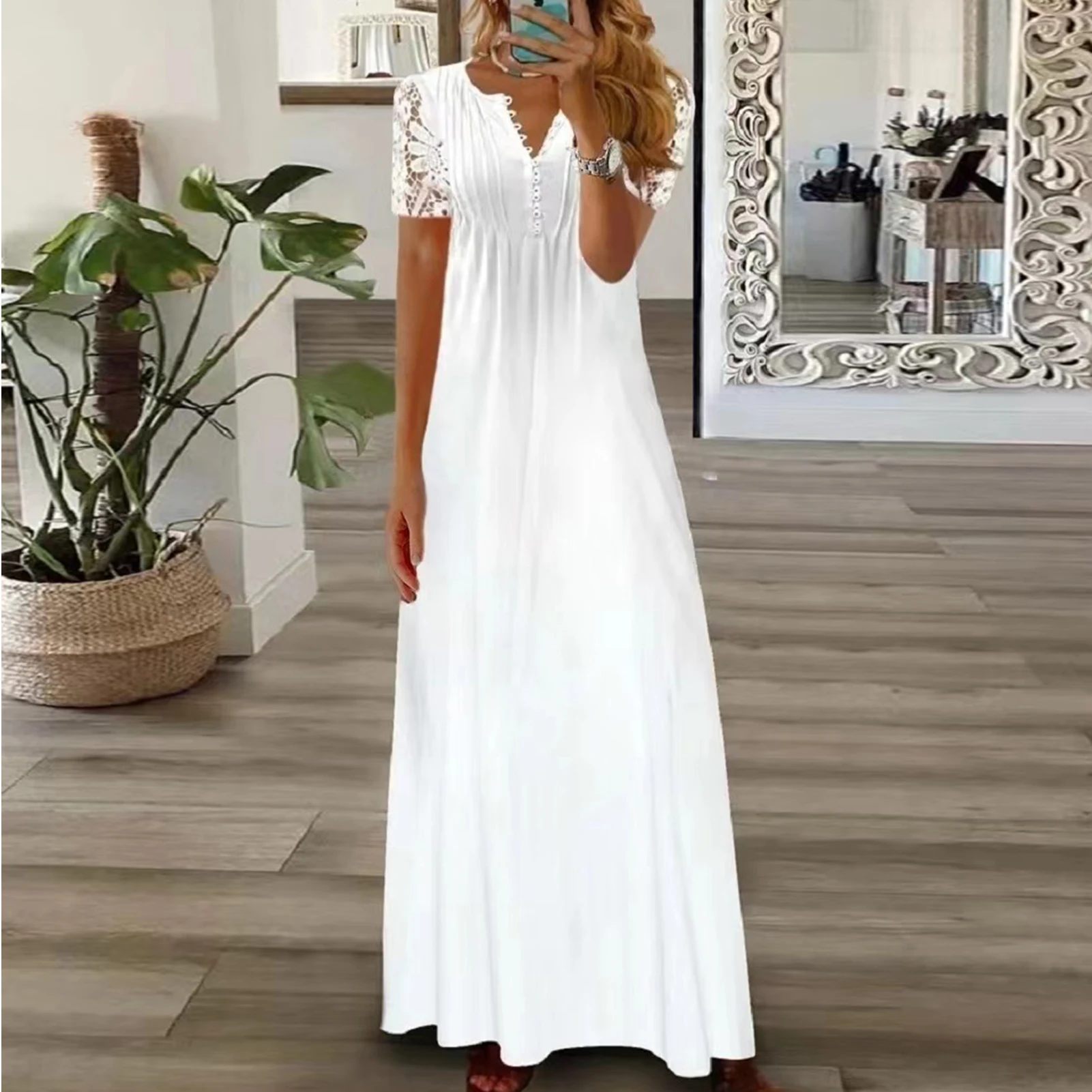 

Elegant Party Long Dress V Neck Splicing Lace Long Sleeves Summer Single-breasted Floral Print Women Maxi Dress Daily Wear