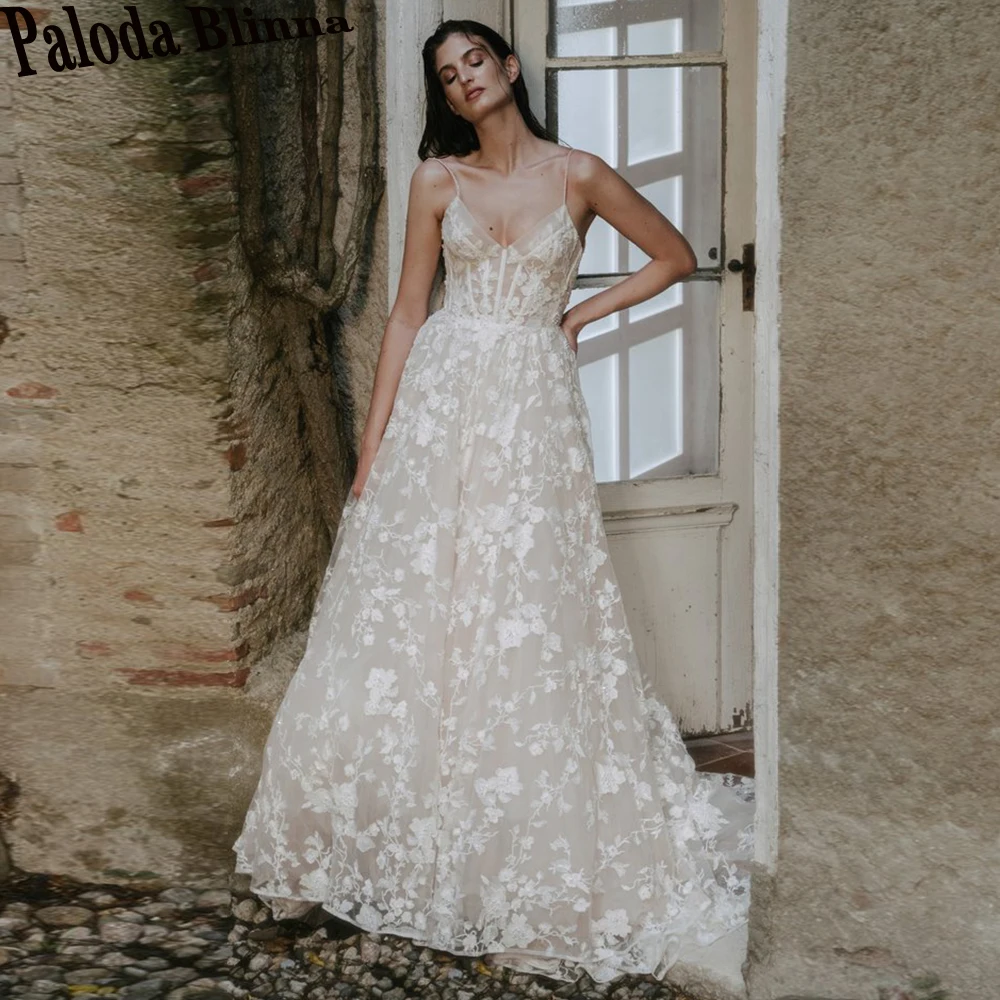 

Paloda Classic Sweetheart Lace Wedding Dresses For Women Spaghetti Straps A-LINE Court Train Sleeveless Tulle Robe De Mariée