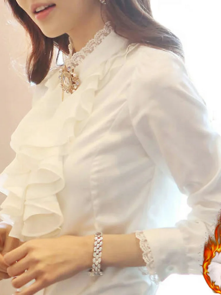 Shirts Women's Spring/Autumn/Winter Lace Stand Collar Imitation Long sleeve Fleece-lined Slimming Professional Frill B...