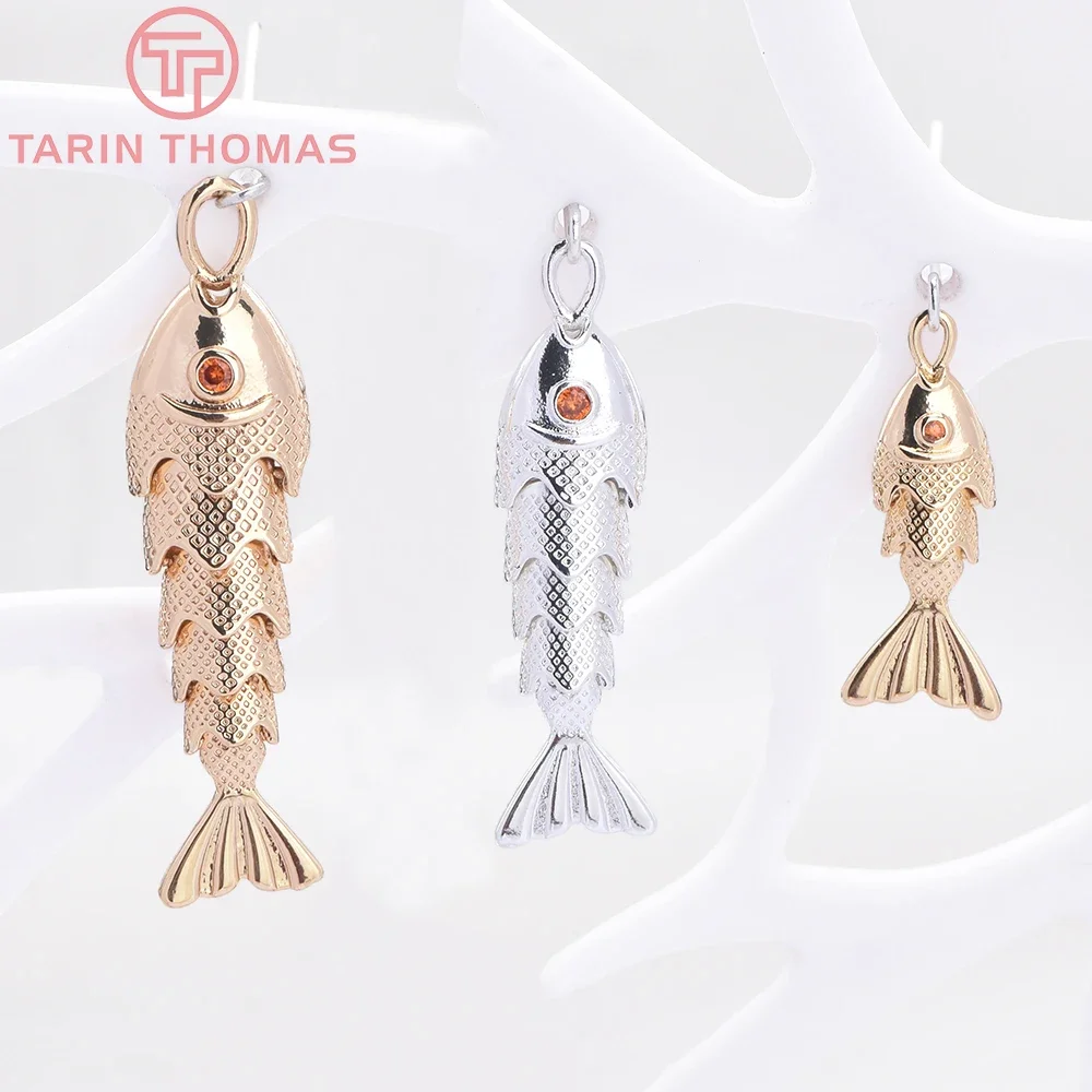 Латунные подвески в форме рыбки с цирконом 4 шт. 10 х41 мм 24 К золотистого цвета