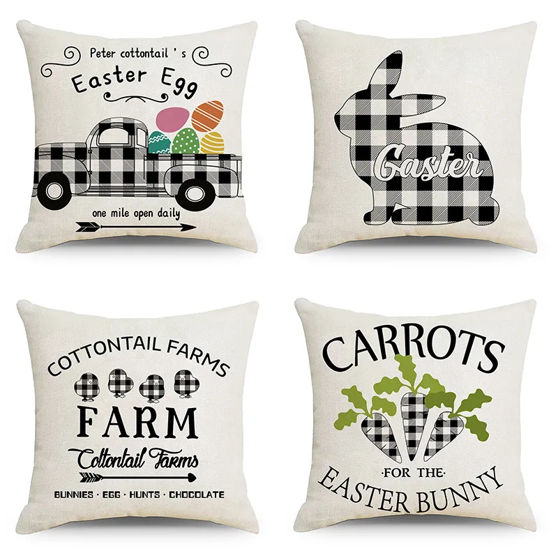 

Rabbit Easter Eggs Truck Carrot Cushion Cover Black Plaid Throw Pillow Cover Nordic Room Decoration Pillowcase for Home Car Sofa