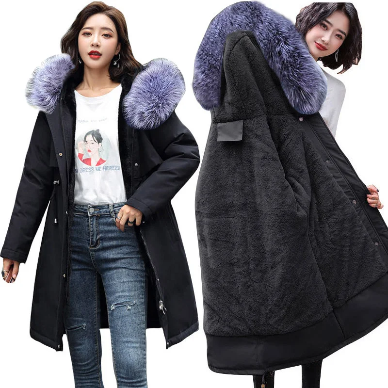 

Winter Jacket New 2023 Korea Women Parka Clothes Long Coat Wool Liner ded Jacket Fur Collar Thick Snow Wear Padded Parka