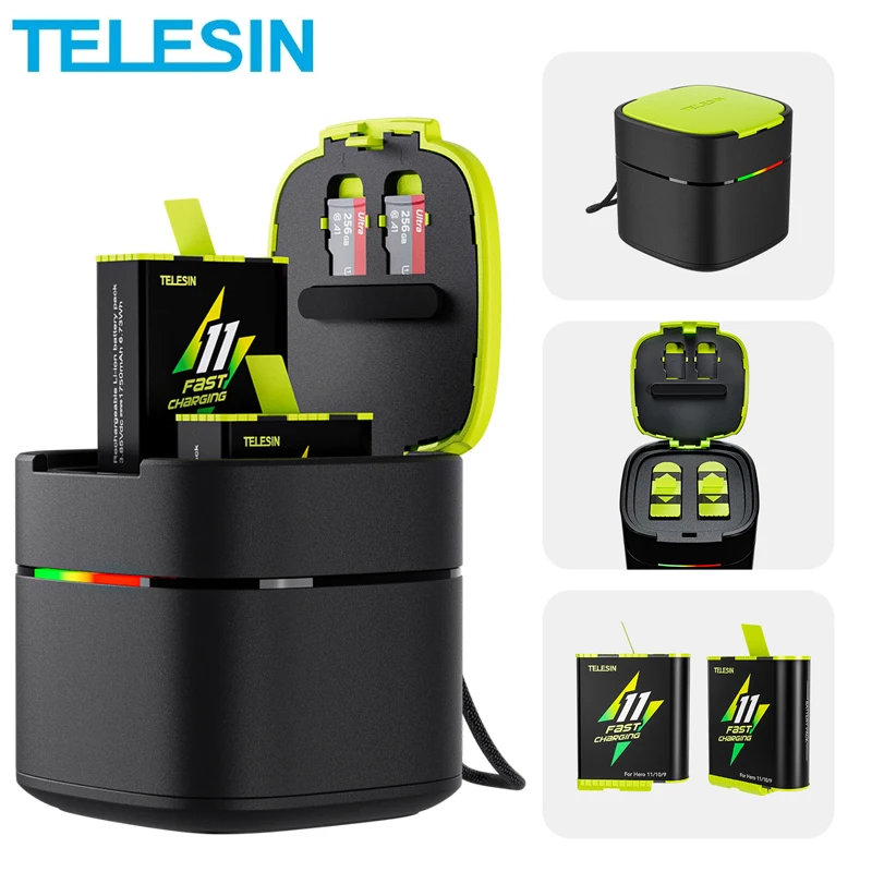 

TELESIN 2 Ways 2.5A Fast Charging Charger Box + TF Card Storage + 1750 mAh Fast Charging Battery For GoPro Hero 11 10 9 GoPro11