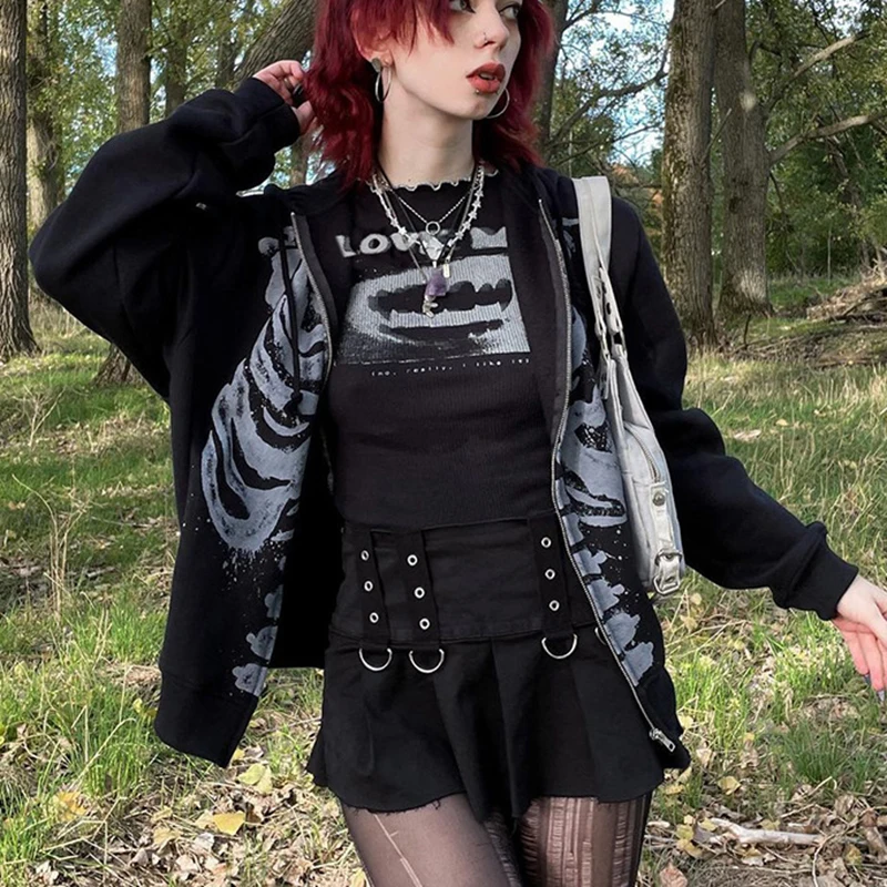 

E Girl Dark Academia Gothic Black Sweatshirt Skeleton Zip Up Hoodie Jacket Y2K Aesthetics Grunge Mall Goth Autumn Coats Outwear