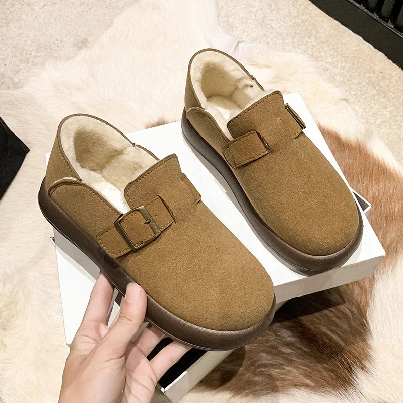 

Новинка весна-осень 2023, модная матовая кожаная обувь с круглым носком и плюшевой застежкой, теплая и удобная обувь на плоской подошве для женщин