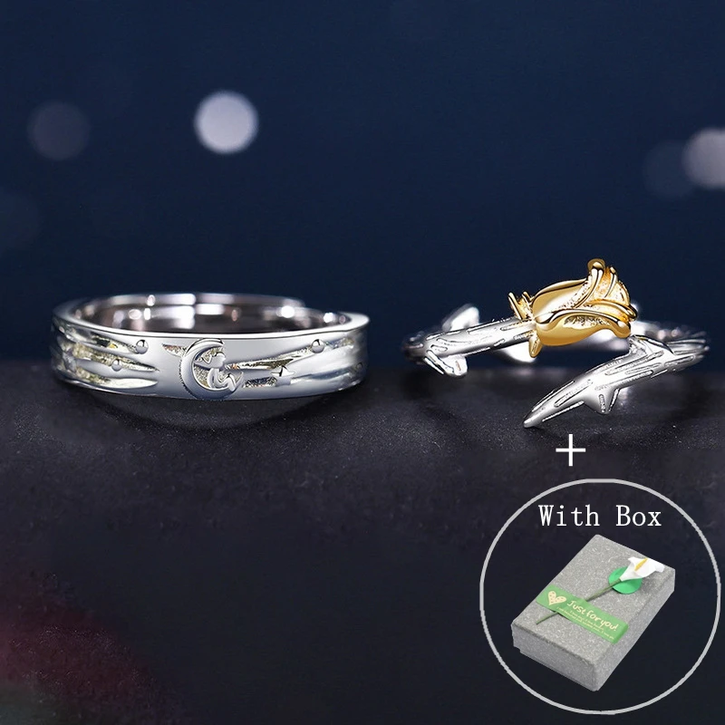 Silvology Real 925 Sterling Silver Little Prince Rose Flower Couple Rings for Women Men Include Box Valentines Day Jewelry Gift