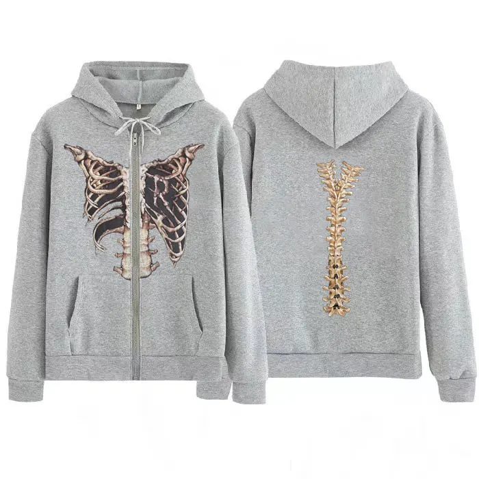 Толстовка женская оверсайз на молнии с принтом скелета в готическом стиле |