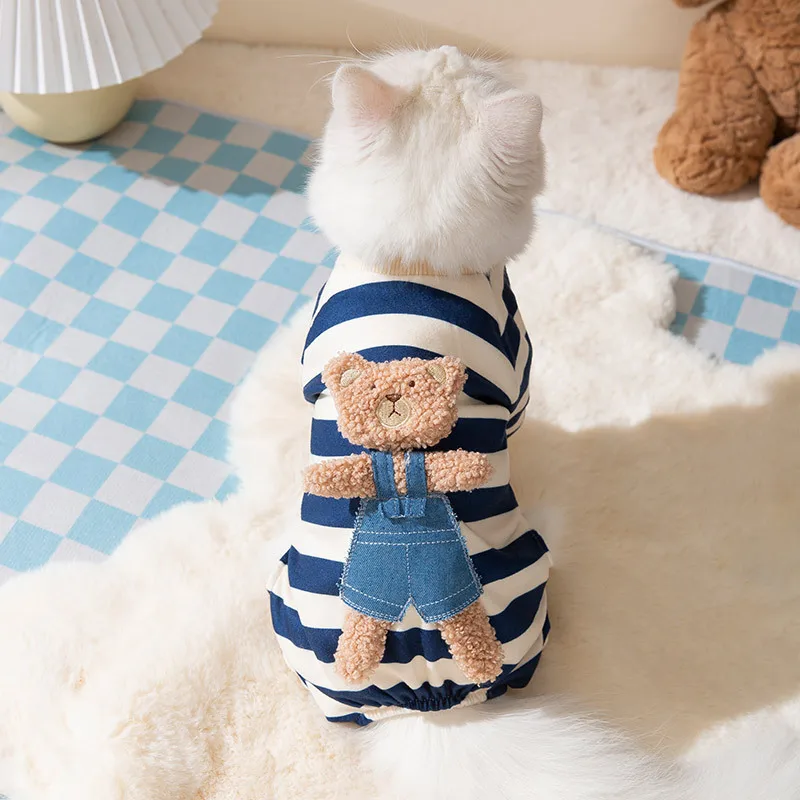 Spring Autumn Pet Clothes Kitten Puppy Striped Jumpsuit Cute Bear Pattern Small and Medium-sized Cats Dog Summer Pajamas Maltese