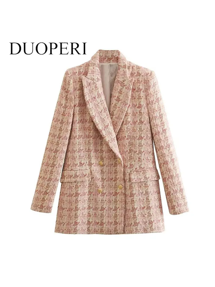 

DUOPERI Women Fashion Texture Blazer Vintage Notch Neck Double Breasted Long Sleeves Female Chic Office Lady Formal Coat