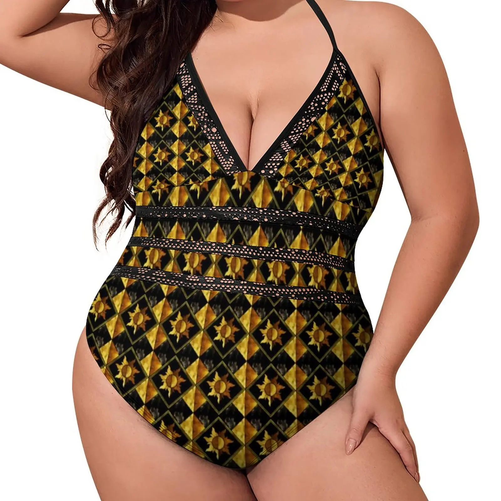 

Vintage Black And Gold Sun Symbol Leggings Swimsuit One-Piece Swimwear Push Up Bathing Suit Sexy High Cut Bodysuit Beach Outfits
