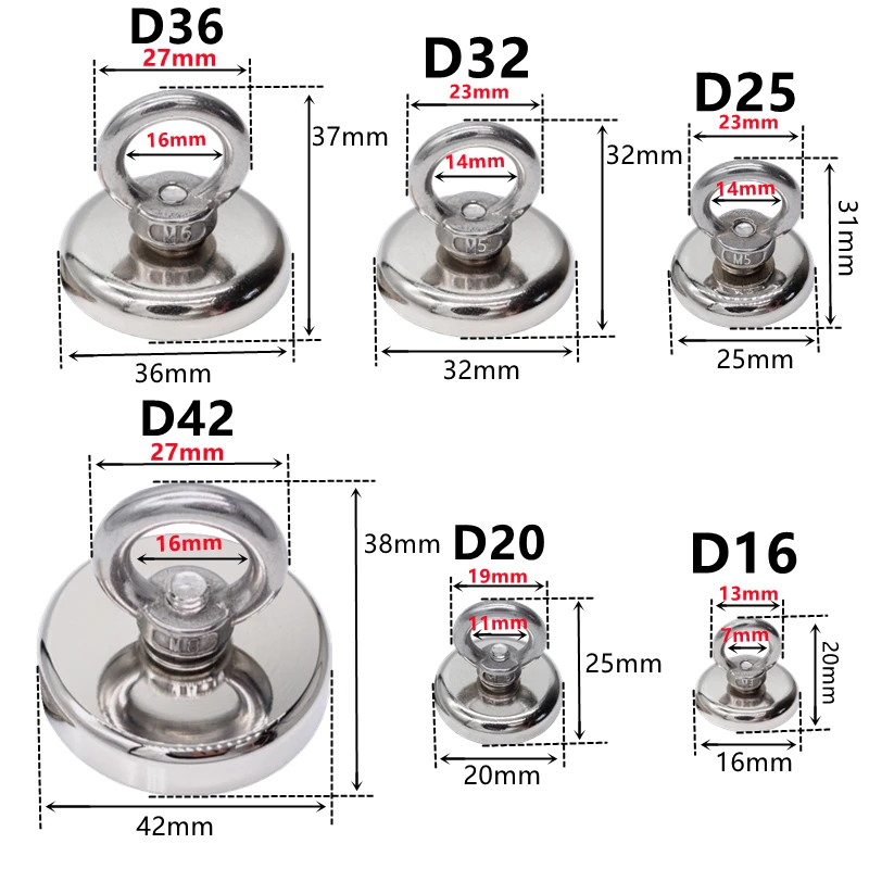 Strong Powerful Round Neodymium Magnet Hook Salvage Sea Fishing Equipments Holder Pulling Mounting Pot with Ring D20-D42 | Обустройство