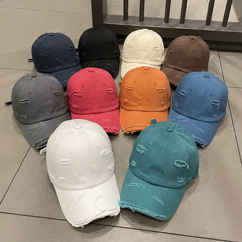 

Japanese Washed Broken Hole Solid Color Curved Brim Baseball Cap Frayed Summer Cap Men Spring and Autumn Sunshade Hat Casquette