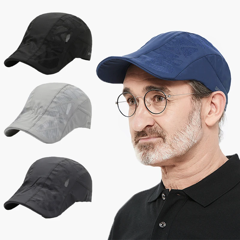 

Men Breathable Mesh Sun Hats Summer Outdoor Quick-Drying Beret Hat Sports Golf Adjustable Bucket Cap Anti-UV Solid Hat For Dad