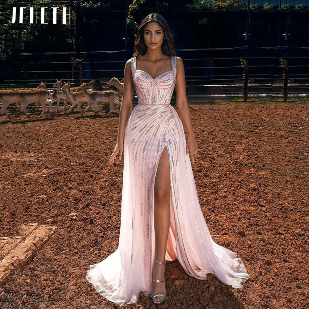 

JEHETH Sexy Pink Sequin Mermaid Evening Dresses Spaghetti Straps Sweetheart Neck High Side Slit Formal Party Gown Robe De Soiree