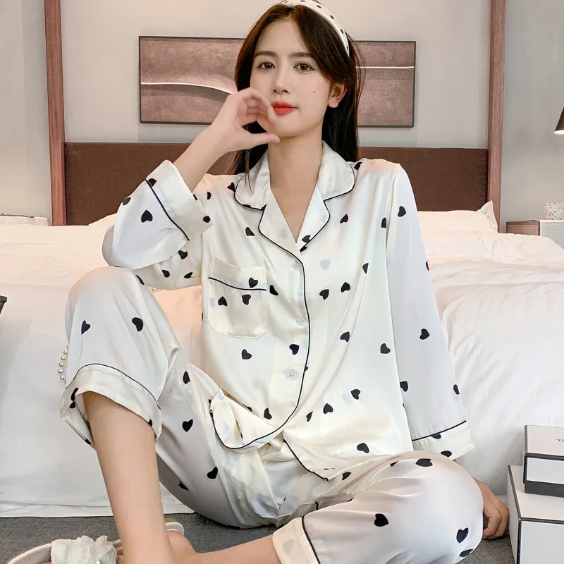 Pajamas for Women Spring and Summer Love Heart Print Thin Long-sleeve Cardigan Trousers Silk Casual Sleepwear Suit with Lapel