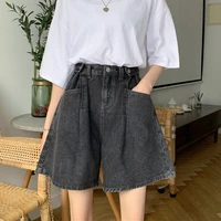 summer new retro jeans short female korean version pocket high waist denim shorts 2022 casual solid button loose wide leg shorts