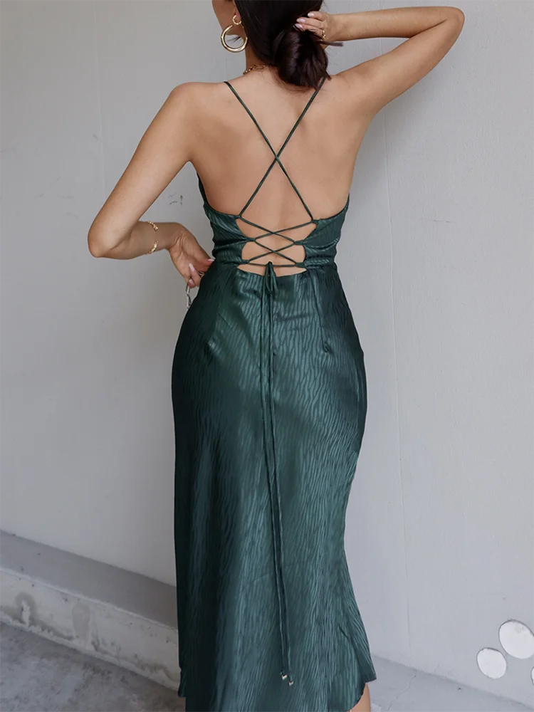 

2022 New Sexy Spaghetti Strap Backless Lace Up Party Dress Women Elegant Stripe V-neck Mermaid Dresses A-line Solid Midi Vestido