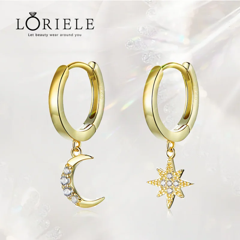

LORIELE Genuine 925 Sterling Silver Moon and Star Dangle Earrings with Charm Plated In Gold New Trends Huggies Earrings for gift
